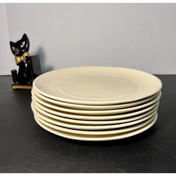 Poc à Poc France 1999 Linen-Texture Stoneware Dinner Plates Set of 8, 9” - Picture 4 of 14